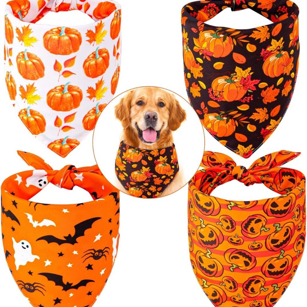 4 Pack Autumn Dog Bandanas Reversible Halloween Fall Triangle Bibs Pumpkin Ghost